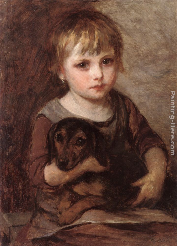 Young Girld and her Dachshund painting - Mihaly Munkacsy Young Girld and her Dachshund art painting
